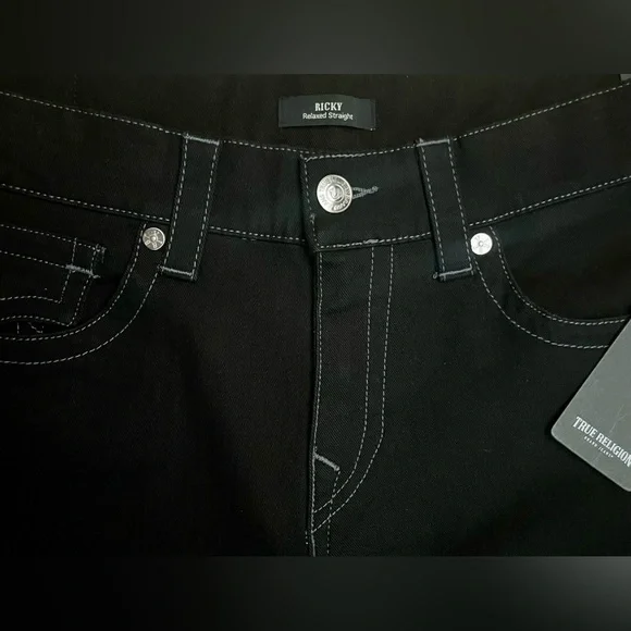 NWT True Religion 34W 32L Ricky Flap 2SB Body Rinse Black Relaxed Straight Jeans - Picture 3 of 11
